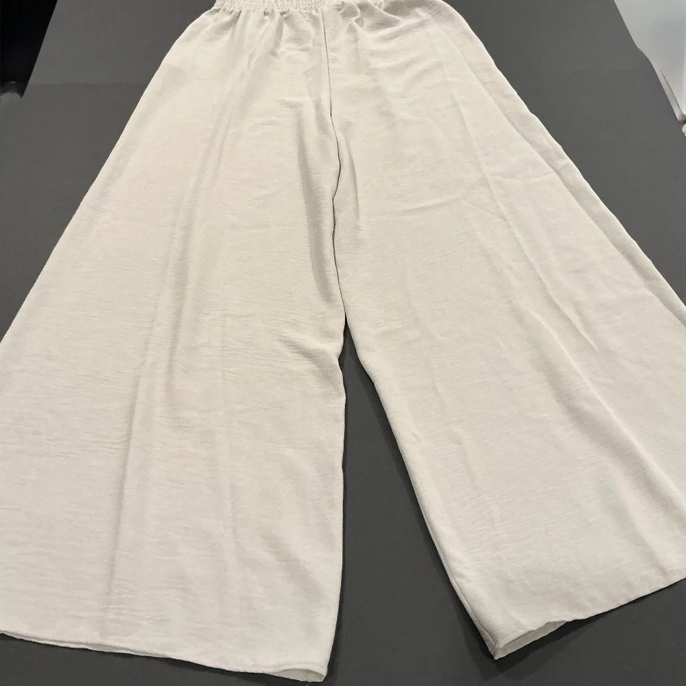 Zara Cream Wide Leg Linen Blend Pants Elastic Waist Size Small